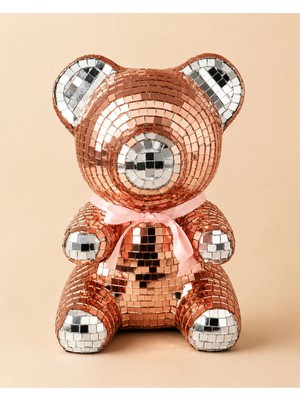  El Yapımı Aynalı Disko Ayıcık Teddy 20 cm - Rose Gold-Gümüş