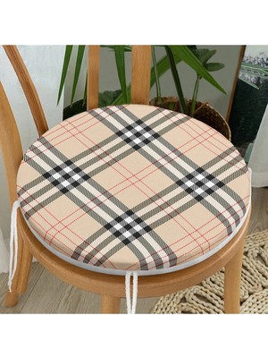 Rem Home Rengirenk Dekoratif Sandalye Minderi Krem Ekose Yuvarlak 40 x 40 cm Mutfak Balkon Oturma Minderi