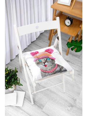 Rem Home Rengirenk Dekoratif Sandalye Minderi Beyaz Hayvan Bağcıklı 40 x 40 cm Mutfak Balkon Oturma Minderi