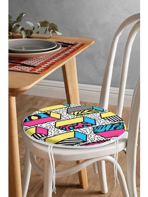 Rem Home Rengirenk Dekoratif Sandalye Minderi Beyaz Geometrik Yuvarlak 40 x 40 cm Mutfak Balkon Oturma Minderi