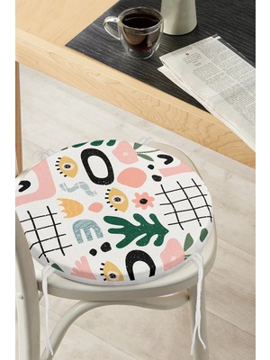 Rem Home Rengirenk Dekoratif Sandalye Minderi Beyaz Geometrik Yuvarlak 40 x 40 cm Mutfak Balkon Oturma Minderi
