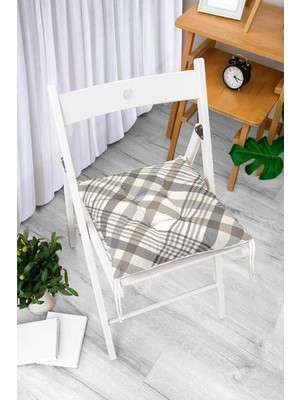Rem Home Rengirenk Dekoratif Sandalye Minderi Beyaz Ekose Kare Bağcıklı 40 x 40 cm Mutfak Balkon Oturma Minderi
