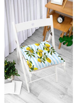 Rem Home Rengirenk Dekoratif Sandalye Minderi Beyaz Çizgili Bağcıklı 40 x 40 cm Mutfak Balkon Oturma Minderi