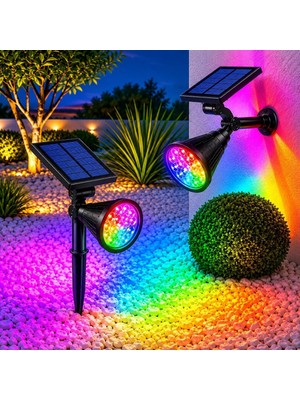Renk Rgb 18 LED Spot Güneş Enerjili Bahçe Aydınlatması Fotoselli Aplik 18W Su Geçirmez Dış M
