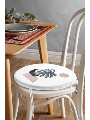 Rem Home Rengirenk Dekoratif Sandalye Minderi Beyaz Yaprak Yuvarlak 40 x 40 cm Mutfak Balkon Oturma Minderi