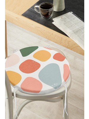 Rem Home Rengirenk Dekoratif Sandalye Minderi Beyaz Geometrik Yuvarlak 40 x 40 cm Mutfak Balkon Oturma Minderi