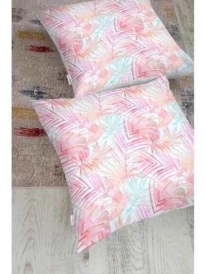 Rem Home Rengirenk Dekoratif Kırlent Kılıfı Pembe Yaprak 70 x 70 cm Salon Koltuk Kanepe Yastık Kılıfı