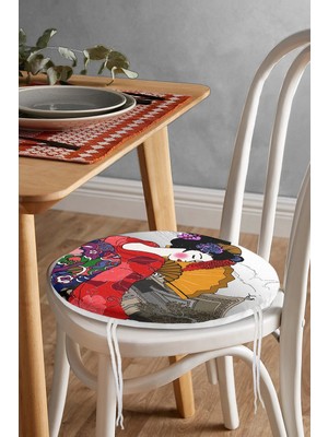 Rem Home Rengirenk Dekoratif Sandalye Minderi Sarı Etnik Yuvarlak 40 x 40 cm Mutfak Balkon Oturma Minderi