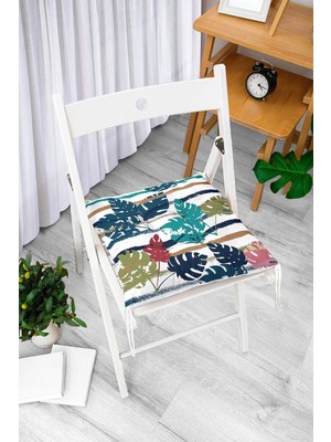 Rem Home Rengirenk Dekoratif Sandalye Minderi Beyaz Yaprak Bağcıklı 40 x 40 cm Mutfak Balkon Oturma Minderi