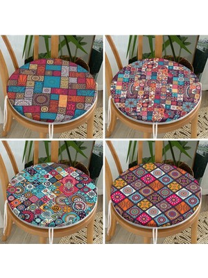 Rem Home Rengirenk Dekoratif Sandalye Minderi Sarı Etnik Yuvarlak 40 x 40 cm Mutfak Balkon Oturma Minderi