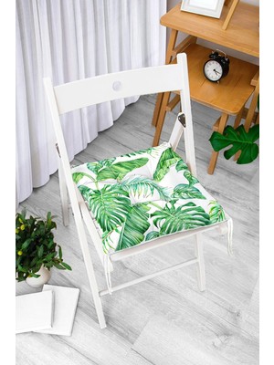 Rem Home Rengirenk Dekoratif Sandalye Minderi Beyaz Yaprak Bağcıklı 40 x 40 cm Mutfak Balkon Oturma Minderi
