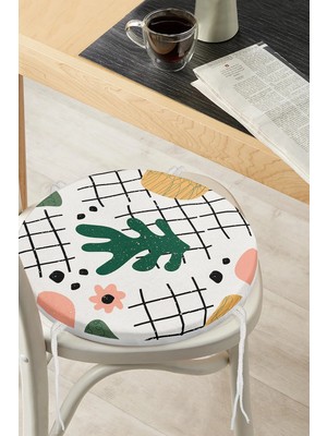 Rem Home Rengirenk Dekoratif Sandalye Minderi Beyaz Yaprak Yuvarlak 40 x 40 cm Mutfak Balkon Oturma Minderi
