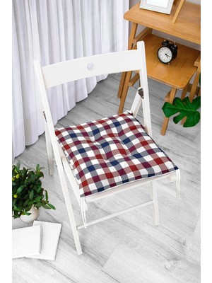 Rem Home Rengirenk Dekoratif Sandalye Minderi Beyaz Ekose Kare Bağcıklı 40 x 40 cm Mutfak Balkon Oturma Minderi