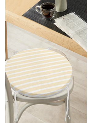 Rem Home Rengirenk Dekoratif Sandalye Minderi Beyaz Çizgili Yuvarlak 40 x 40 cm Mutfak Balkon Oturma Minderi