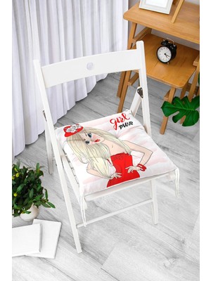 Rem Home Rengirenk Dekoratif Sandalye Minderi Beyaz Çizgili Kare Bağcıklı 40 x 40 cm Mutfak Balkon Oturma Minderi