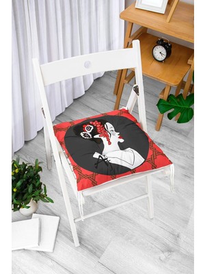Rem Home Rengirenk Dekoratif Sandalye Minderi Beyaz Geometrik Bağcıklı 40 x 40 cm Mutfak Balkon Oturma Minderi