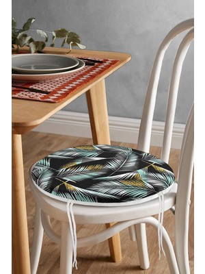 Rem Home Rengirenk Dekoratif Sandalye Minderi Siyah Yaprak Yuvarlak 40 x 40 cm Mutfak Balkon Oturma Minderi