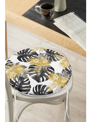 Rem Home Rengirenk Dekoratif Sandalye Minderi Beyaz Yaprak Yuvarlak 40 x 40 cm Mutfak Balkon Oturma Minderi