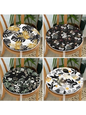 Rem Home Rengirenk Dekoratif Sandalye Minderi Siyah Yaprak Yuvarlak 40 x 40 cm Mutfak Balkon Oturma Minderi