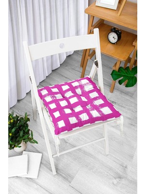 Rem Home Rengirenk Dekoratif Sandalye Minderi Beyaz Geometrik Kare Bağcıklı 40 x 40 cm Mutfak Balkon Oturma Minderi