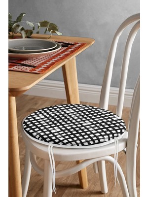 Rem Home Rengirenk Dekoratif Sandalye Minderi Siyah Geometrik Yuvarlak 40 x 40 cm Mutfak Balkon Oturma Minderi
