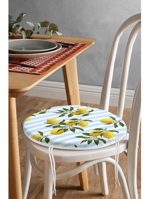 Rem Home Rengirenk Dekoratif Sandalye Minderi Mavi Çizgili Yuvarlak 40 x 40 cm Mutfak Balkon Oturma Minderi