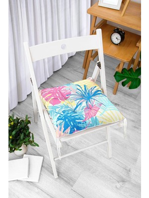 Rem Home Rengirenk Dekoratif Sandalye Minderi Beyaz Yaprak Bağcıklı 40 x 40 cm Mutfak Balkon Oturma Minderi