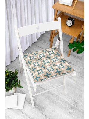 Rem Home Rengirenk Dekoratif Sandalye Minderi Beyaz Geometrik Bağcıklı 40 x 40 cm Mutfak Balkon Oturma Minderi
