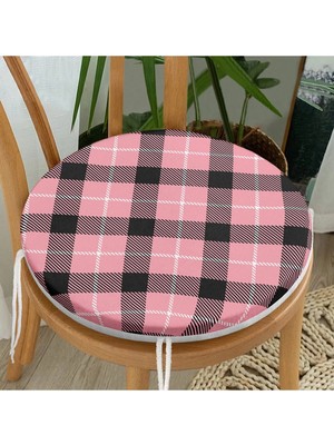 Rem Home Rengirenk Dekoratif Sandalye Minderi Siyah Ekose Yuvarlak 40 x 40 cm Mutfak Balkon Oturma Minderi