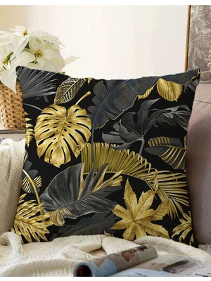 Rem Home Rengirenk Dekoratif Kırlent Kılıfı Siyah Yaprak 43 x 43 cm Salon Koltuk Kanepe Yastık Kılıfı