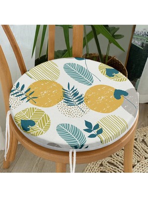 Rem Home Rengirenk Dekoratif Sandalye Minderi Beyaz Yaprak Yuvarlak 40 x 40 cm Mutfak Balkon Oturma Minderi