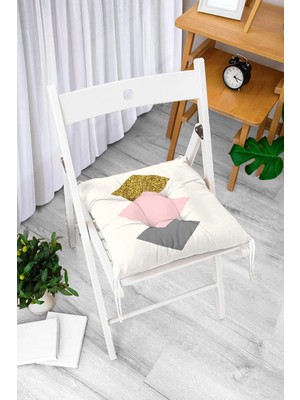 Rem Home Rengirenk Dekoratif Sandalye Minderi Beyaz Geometrik Bağcıklı 40 x 40 cm Mutfak Balkon Oturma Minderi