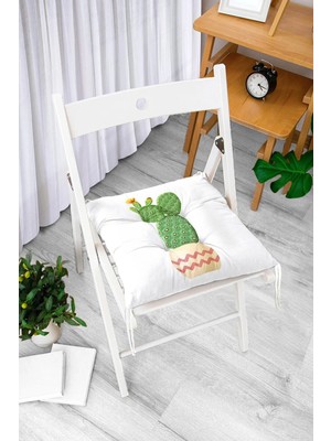 Rem Home Rengirenk Dekoratif Sandalye Minderi Beyaz Modern Bağcıklı 40 x 40 cm Mutfak Balkon Oturma Minderi