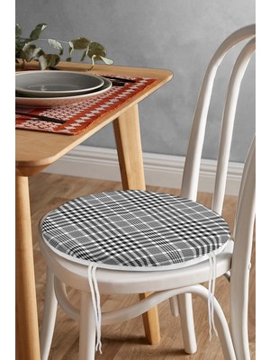 Rem Home Rengirenk Dekoratif Sandalye Minderi Beyaz Ekose Yuvarlak 40 x 40 cm Mutfak Balkon Oturma Minderi