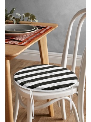 Rem Home Rengirenk Dekoratif Sandalye Minderi Siyah Çizgili Yuvarlak 40 x 40 cm Mutfak Balkon Oturma Minderi