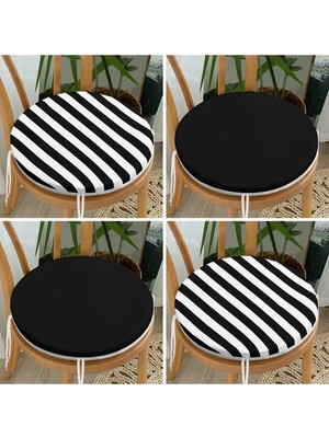 Rem Home Rengirenk Dekoratif Sandalye Minderi Beyaz Çizgili Yuvarlak 40 x 40 cm Mutfak Balkon Oturma Minderi