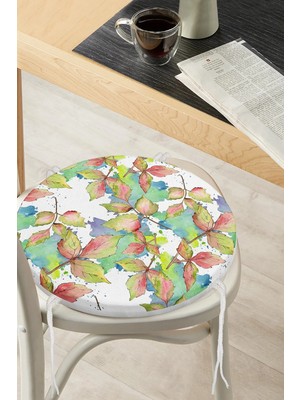 Rem Home Rengirenk Dekoratif Sandalye Minderi Beyaz Yaprak Yuvarlak 40 x 40 cm Mutfak Balkon Oturma Minderi