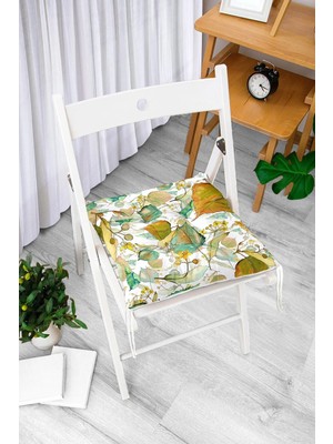 Rem Home Rengirenk Dekoratif Sandalye Minderi Beyaz Yaprak Bağcıklı 40 x 40 cm Mutfak Balkon Oturma Minderi
