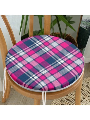 Rem Home Rengirenk Dekoratif Sandalye Minderi Pembe Ekose Yuvarlak 40 x 40 cm Mutfak Balkon Oturma Minderi