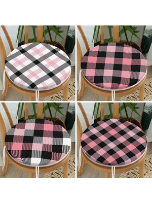 Rem Home Rengirenk Dekoratif Sandalye Minderi Siyah Ekose Yuvarlak 40 x 40 cm Mutfak Balkon Oturma Minderi