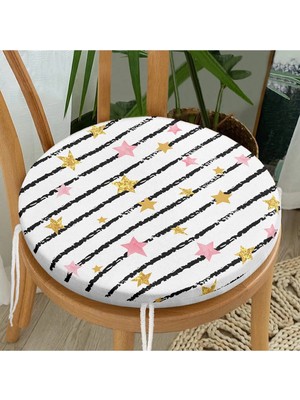 Rem Home Rengirenk Dekoratif Sandalye Minderi Beyaz Çizgili Yuvarlak 40 x 40 cm Mutfak Balkon Oturma Minderi