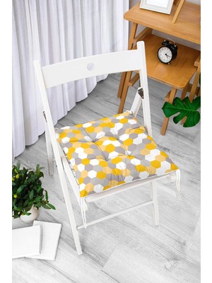 Rem Home Rengirenk Dekoratif Sandalye Minderi Beyaz Geometrik Bağcıklı 40 x 40 cm Mutfak Balkon Oturma Minderi