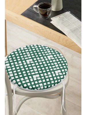 Rem Home Rengirenk Dekoratif Sandalye Minderi Yeşil Geometrik Yuvarlak 40 x 40 cm Mutfak Balkon Oturma Minderi
