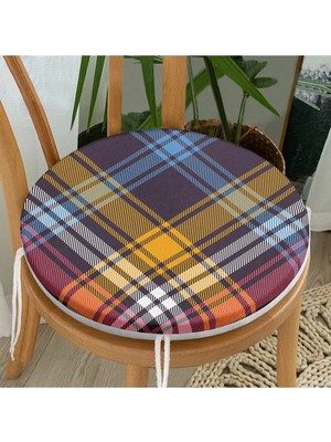 Rem Home Rengirenk Dekoratif Sandalye Minderi Sarı Ekose Yuvarlak 40 x 40 cm Mutfak Balkon Oturma Minderi