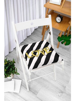 Rem Home Rengirenk Dekoratif Sandalye Minderi Beyaz Çizgili Bağcıklı 40 x 40 cm Mutfak Balkon Oturma Minderi