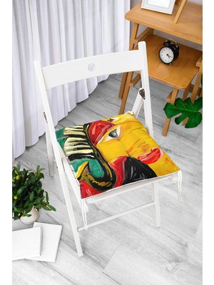 Rem Home Rengirenk Dekoratif Sandalye Minderi Beyaz Soyut Bağcıklı 40 x 40 cm Mutfak Balkon Oturma Minderi