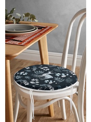 Rem Home Rengirenk Dekoratif Sandalye Minderi Lacivert Yaprak Yuvarlak 40 x 40 cm Mutfak Balkon Oturma Minderi
