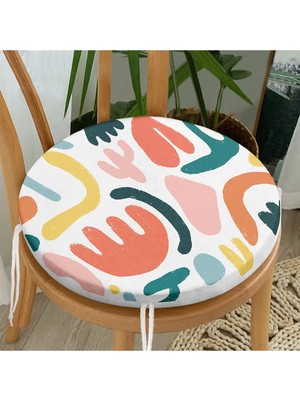 Rem Home Rengirenk Dekoratif Sandalye Minderi Beyaz Geometrik Yuvarlak 40 x 40 cm Mutfak Balkon Oturma Minderi