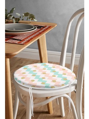 Rem Home Rengirenk Dekoratif Sandalye Minderi Beyaz Geometrik Yuvarlak 40 x 40 cm Mutfak Balkon Oturma Minderi