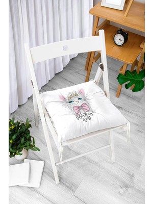 Rem Home Rengirenk Dekoratif Sandalye Minderi Beyaz Hayvan Bağcıklı 40 x 40 cm Mutfak Balkon Oturma Minderi